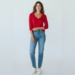 Duffield Lane Red 3/4 Sleeve Ruffle Cowl Neck Tee Size Small